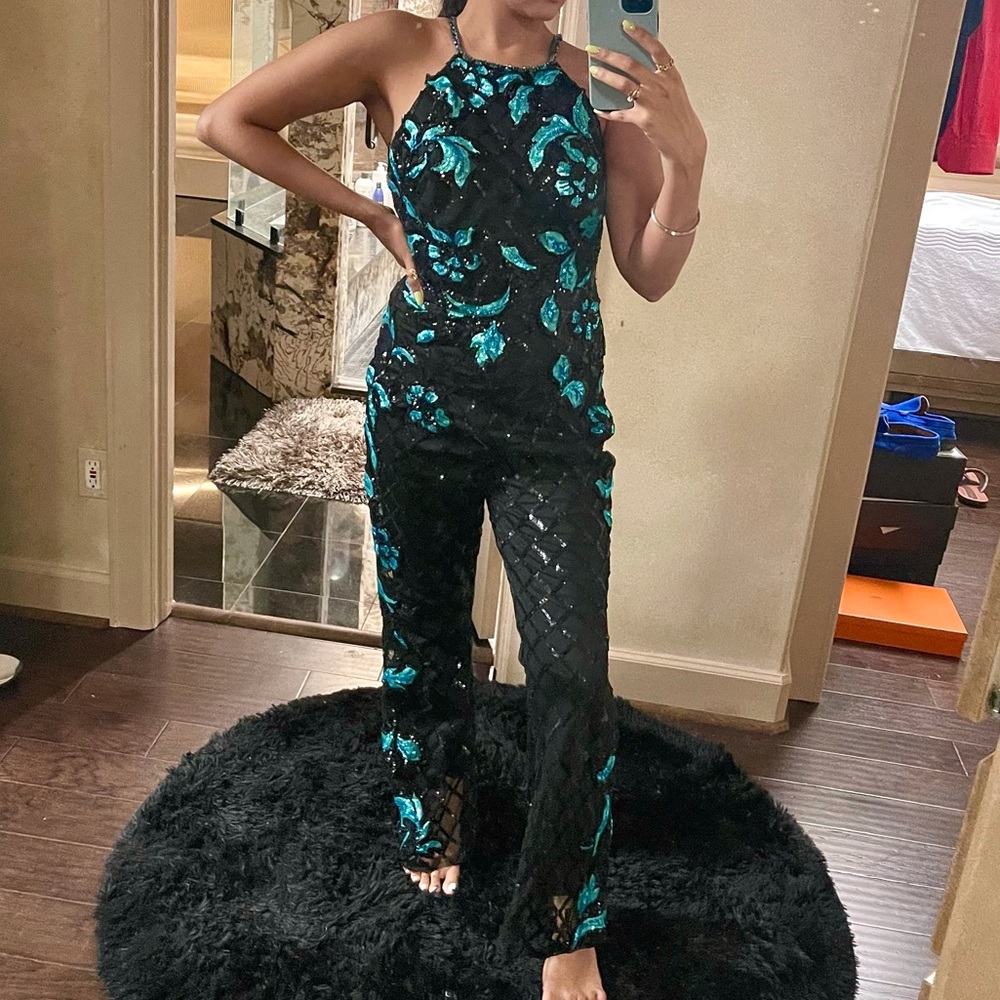 Rachel Allan Sequins Jumpsuit 4 (S) Black/Aqua